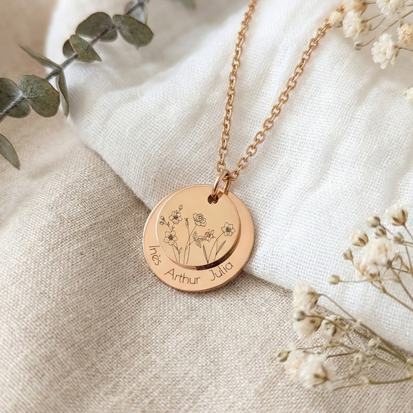 Collier Femme Personnalisé Acier Inoxydable Double Médaille Fleur