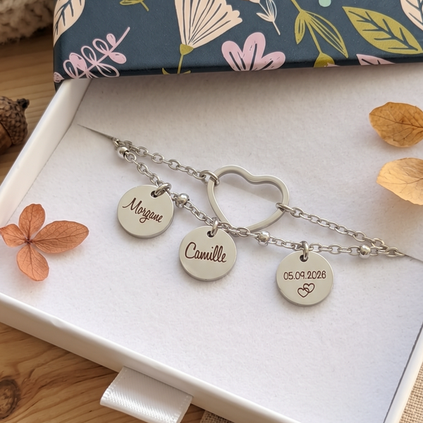 Bracelet Femme Personnalisé Double Chaîne Cœur & Médaille Gravée 10 mm