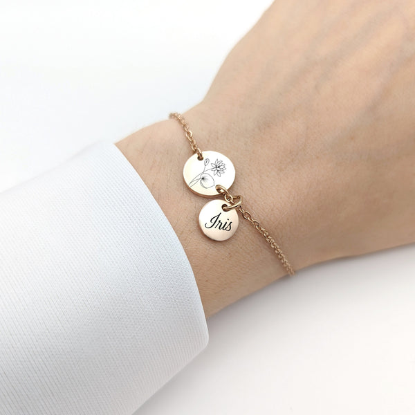 Bracelet Femme Personnalisé Acier Inoxydable & Fleur de Naissance Gravée