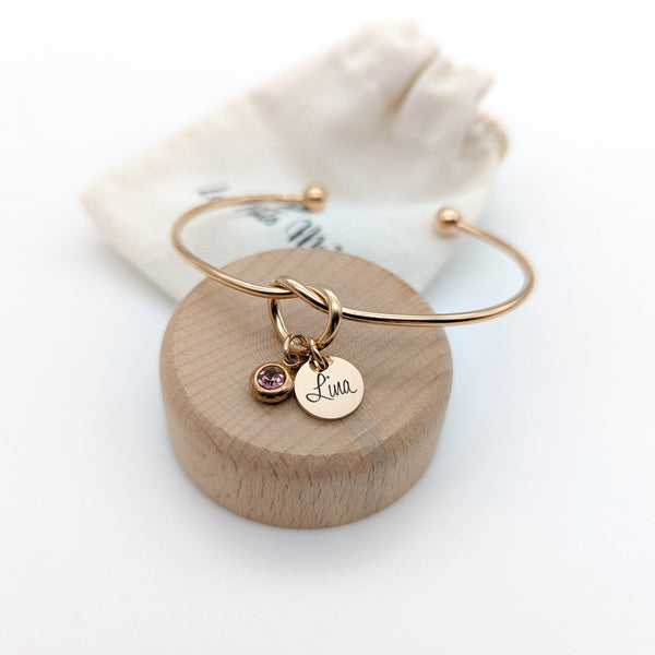 Bracelet Jonc Femme Personnalisé Nœud Médaille 10 mm & Pierre de Naissance