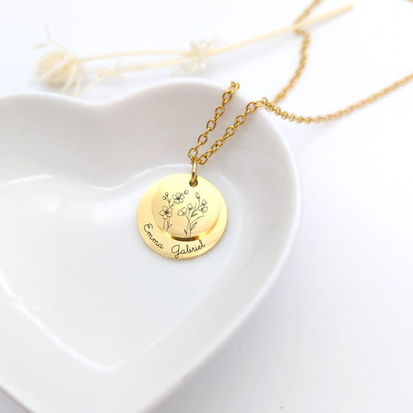 Collier Femme Personnalisé Acier Inoxydable Double Médaille Fleur