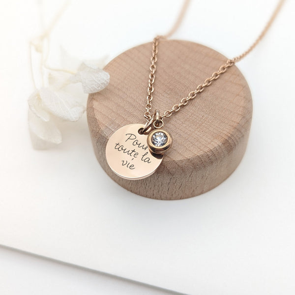 Collier Femme Personnalisé Acier Inoxydable Médaille 15 mm & Pierre de Naissance