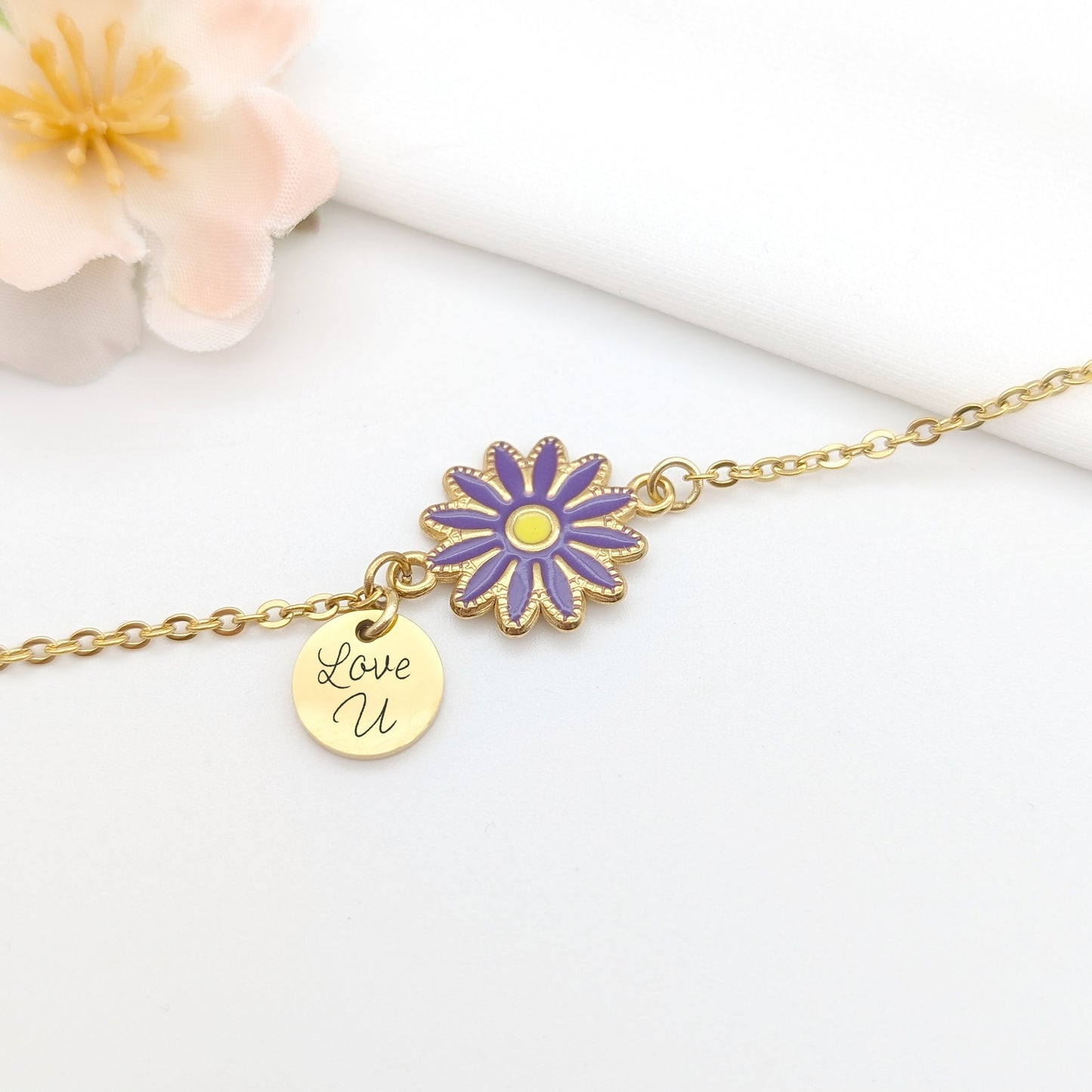 Bracelet femme personnalisé Fleur colorée et médaille, Cadeau Maman, Marraine, Cadeau Fête des mères, Cadeau Maîtresse, Cadeau naissance