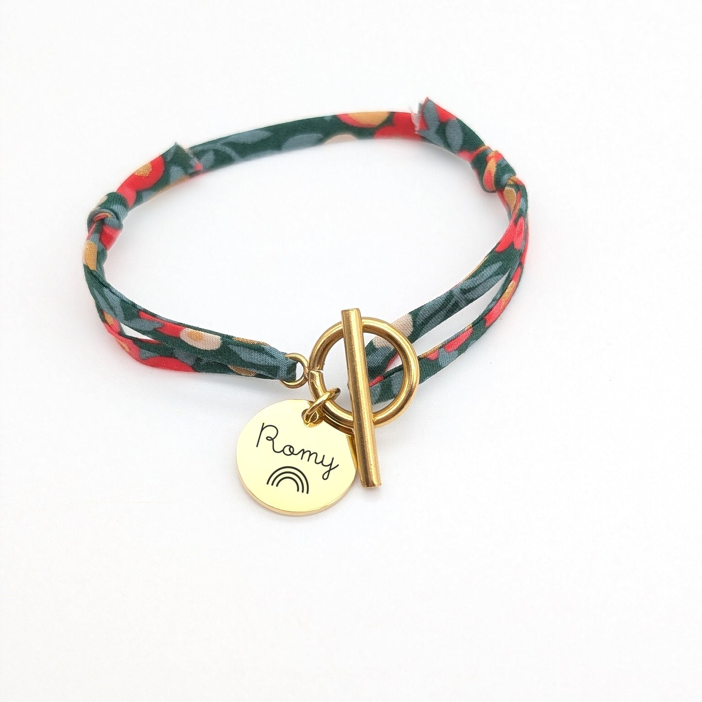 Bracelet personnalisé cordon liberty avec médaille à graver et fermoir T, Bracelet prénom, Cadeau Maman, Cadeau Naissance, Cadeau Noël