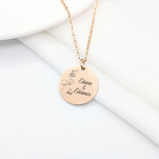 Collier Personnalisé en Acier Inoxydable avec Gravure de Fleur de Coquelicot et prénom