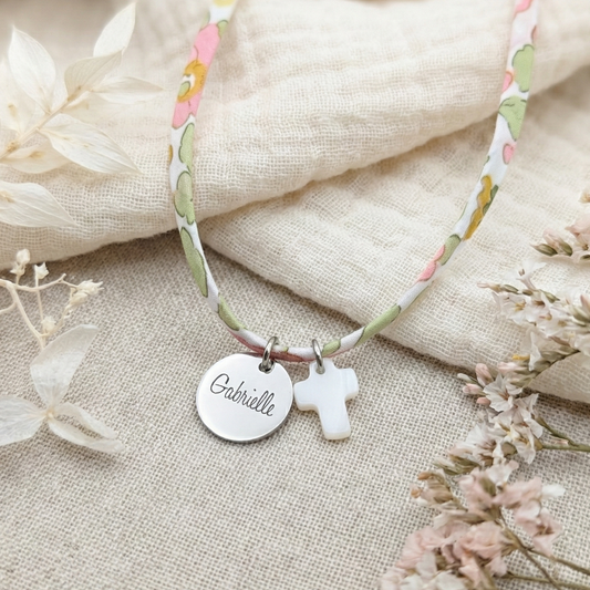 Collier personnalisé enfant cordon liberty et médaille à graver
