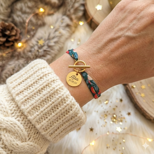 Bracelet Femme Personnalisé Cordon Liberty & Médaille Acier 15 mm