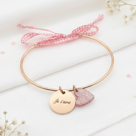 Bracelet personnalisé jonc Saint-valentin avec ruban vichy et cœur paillette