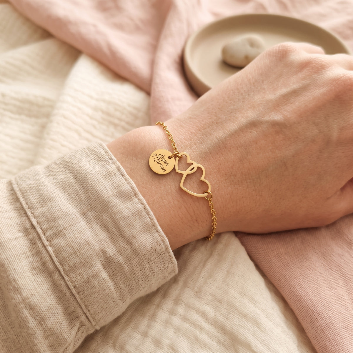 Bracelet Femme Personnalisé Acier Inoxydable Cœur & Médaille Gravée