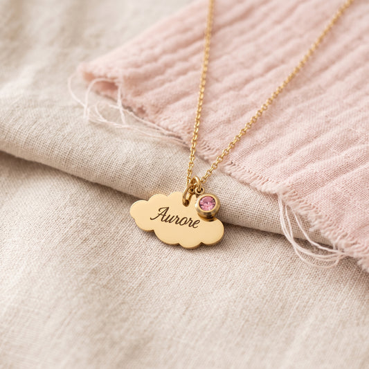 Collier Enfant Personnalisé Médaille Nuage & Pierre de Naissance
