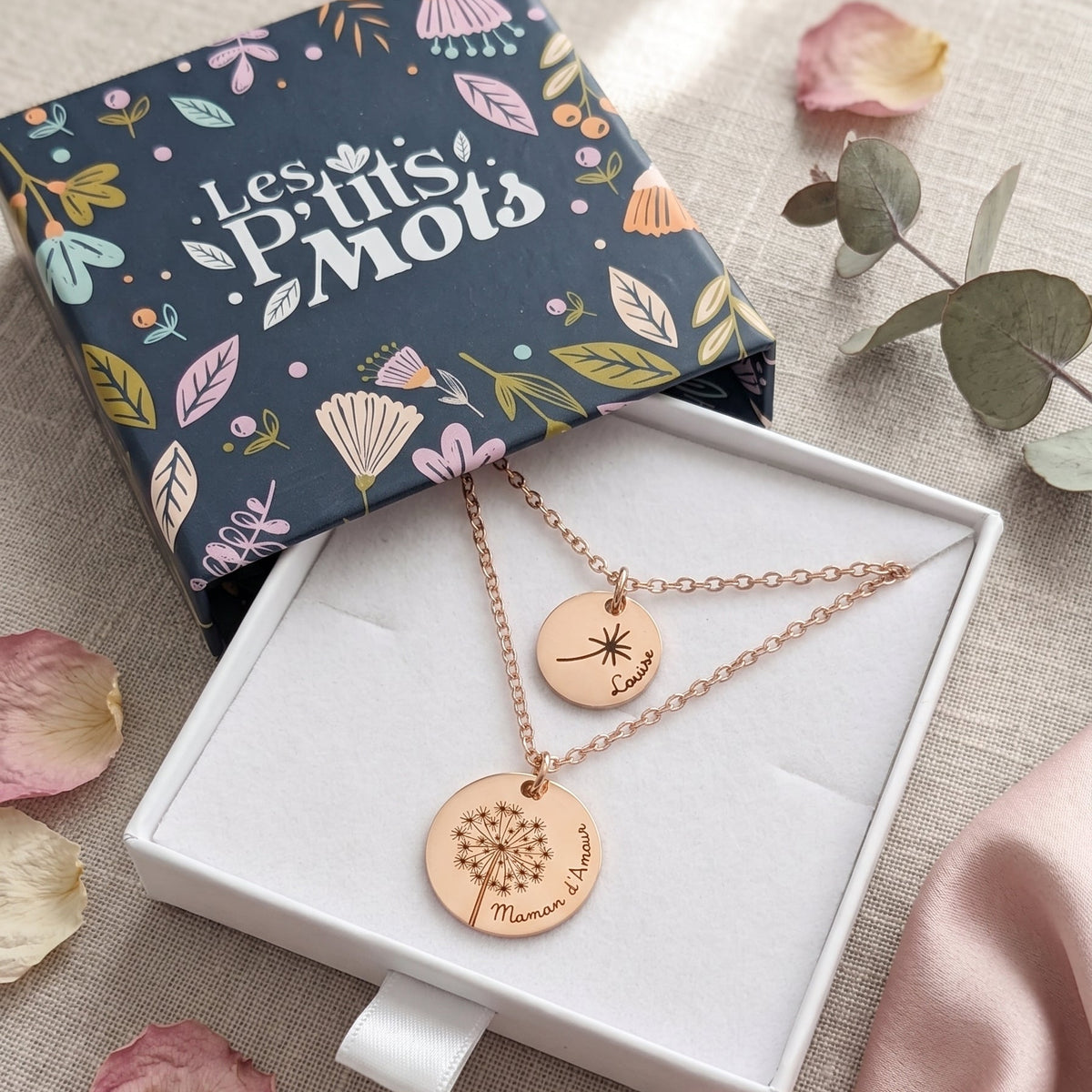 Collier Mère Fille Personnalisé Acier Inoxydable & Pissenlit Gravé