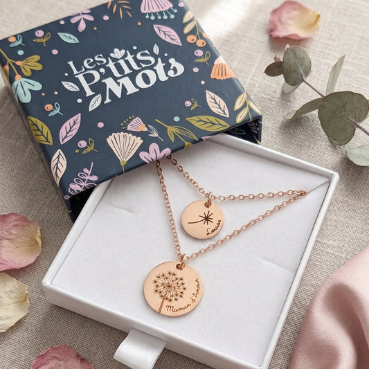 Collier Mère Fille Personnalisé Acier Inoxydable & Pissenlit Gravé