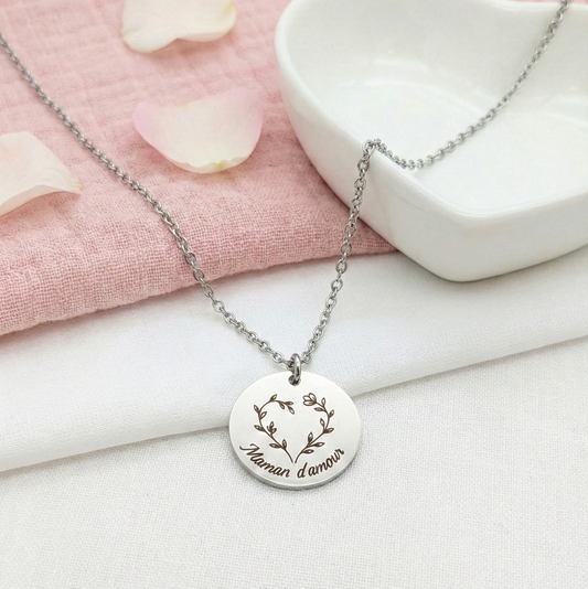 Collier Personnalisé Saint-Valentin - Cœur végétal et gravure médaille 20 mm