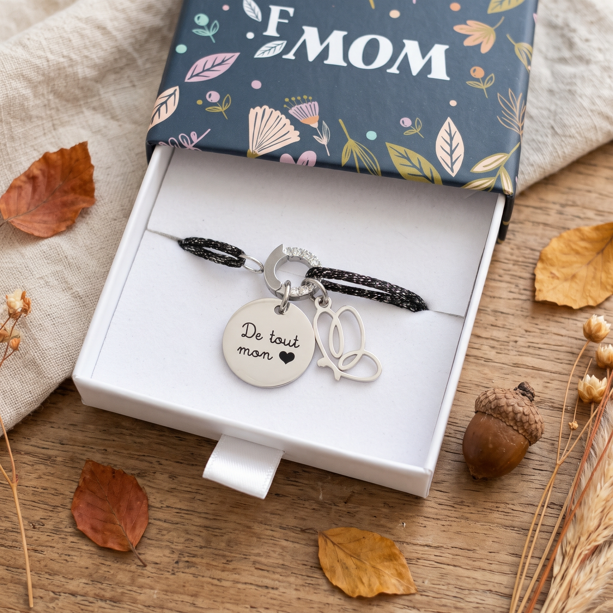 Bracelet Personnalisé Cordon Mokuba noir et médaille personnalisée acier inoxydable argentée 