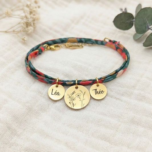 Bracelet personnalisé femme cordon Liberty et fleur de naissance