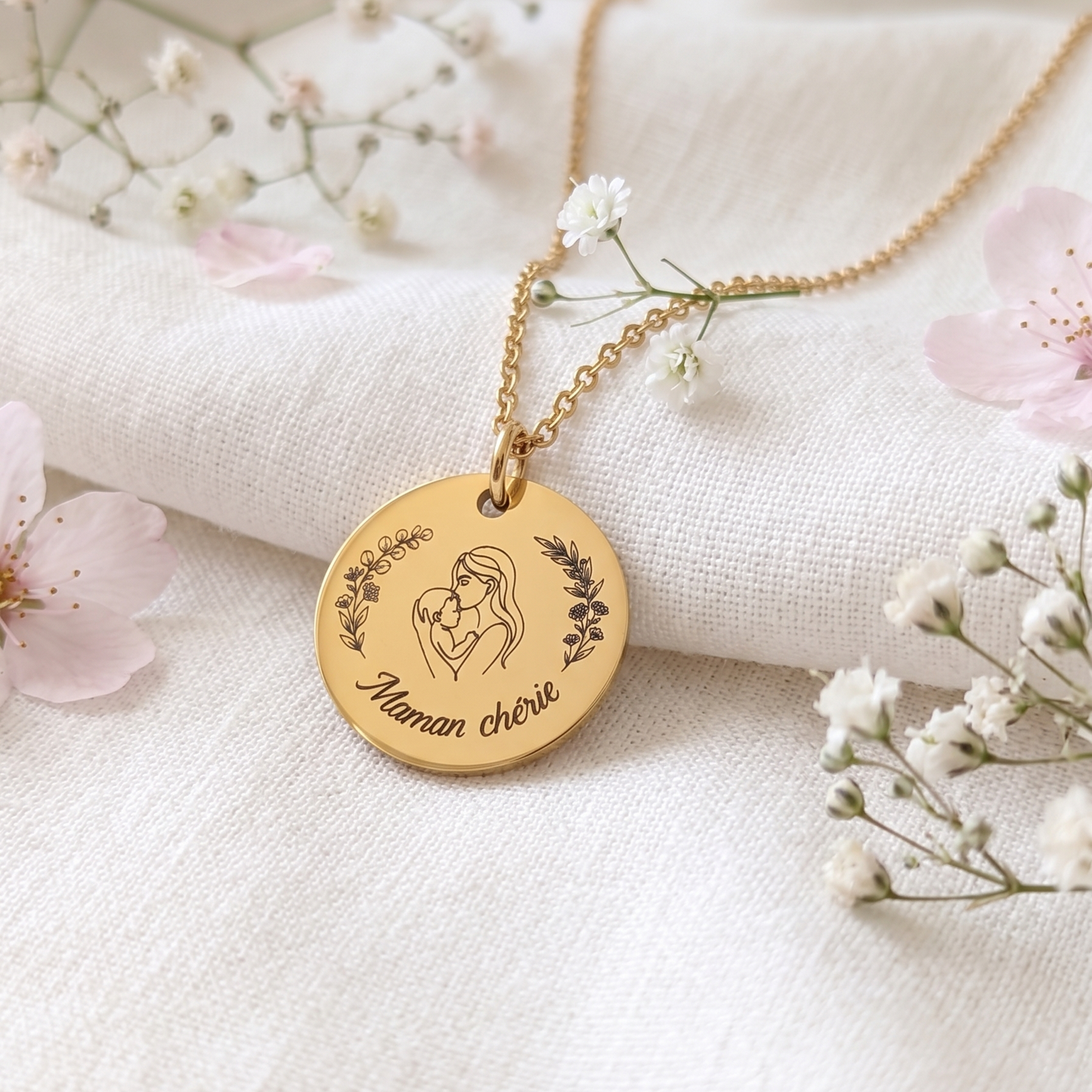 Collier personnalisé Fête des Mères médaille ronde 20 mm