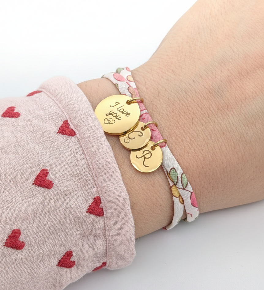 Bracelet Liberty personnalisé gravure symbole et médailles de 10 mm à graver