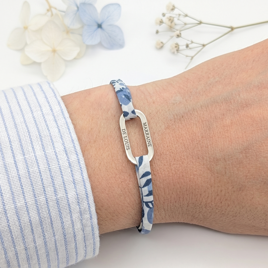 Bracelet personnalisé cordon Liberty et médaille mousqueton