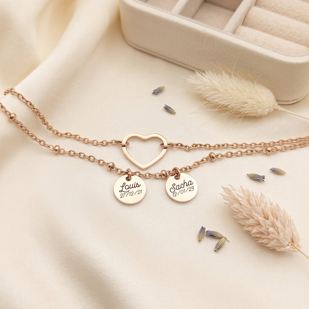 Bracelet Femme Personnalisé Double Chaîne Cœur & Médaille Gravée 10 mm