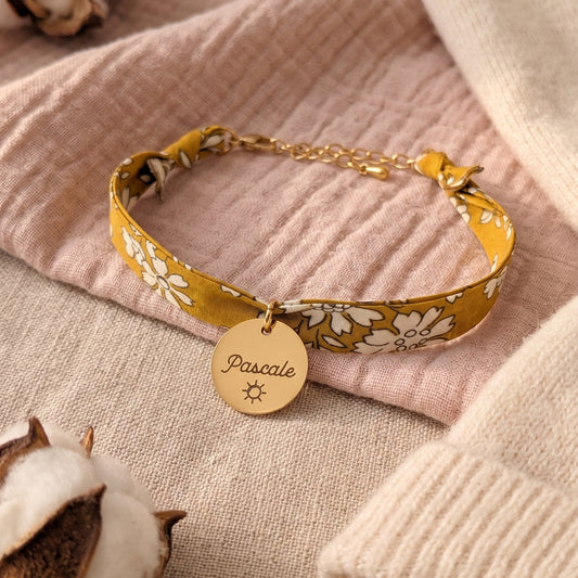 Bracelet Femme Personnalisé Ruban Liberty & Médaille Gravée 15 mm