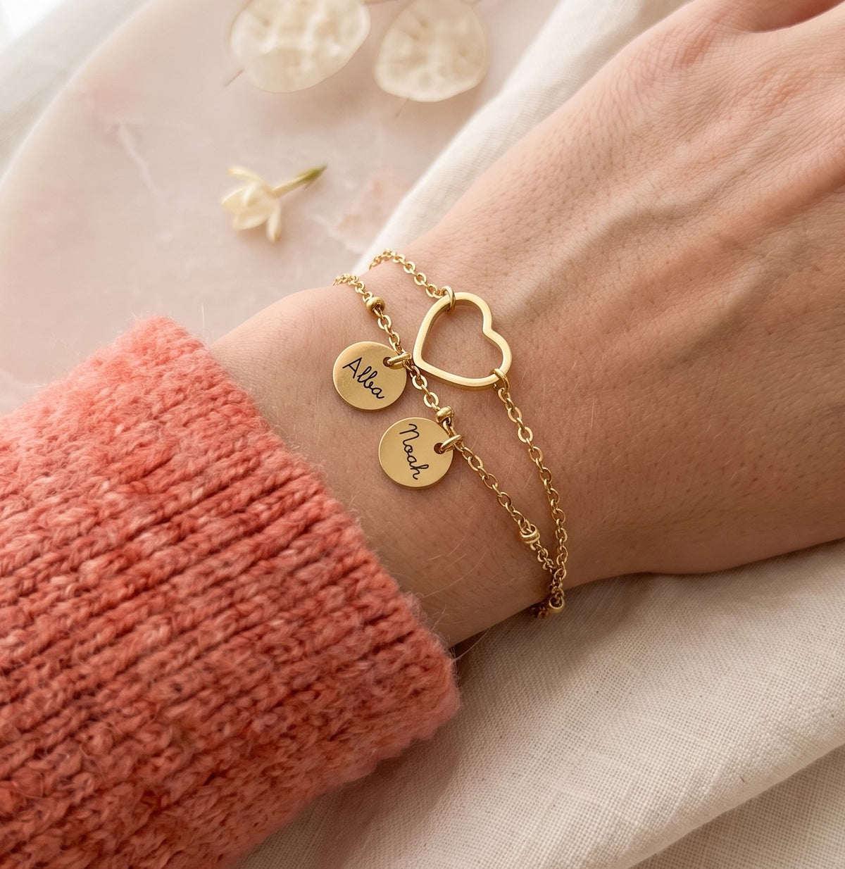 Bracelet Femme Personnalisé Double Chaîne Cœur & Médaille Gravée 10 mm