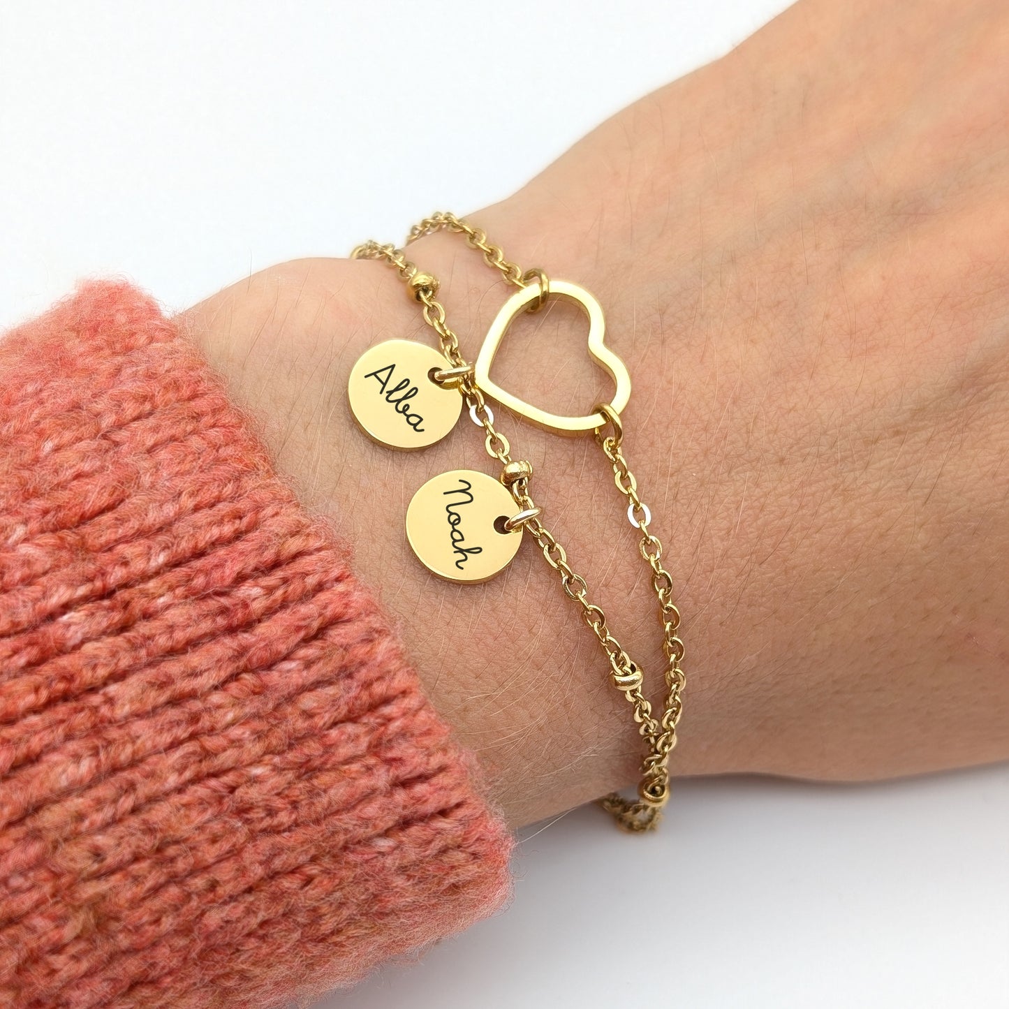 Bracelet personnalisé Cœur avec double chaines et médailles à graver de 10 mm