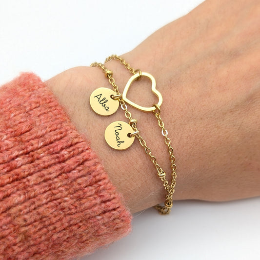 Bracelet personnalisé Cœur avec double chaines et médailles à graver de 10 mm