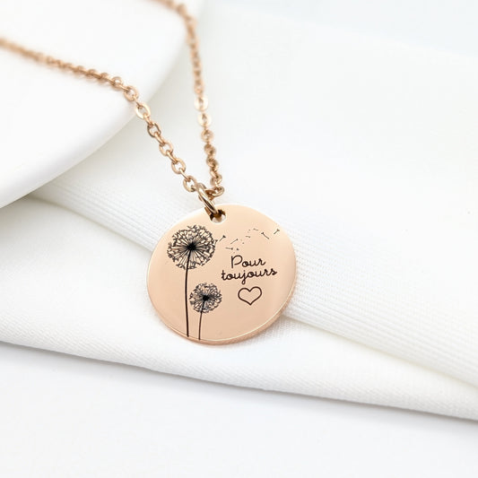 Collier personnalisé femme avec fleur de pissenlit et gravure
