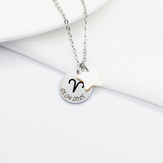Collier personnalisé gravure signe du zodiaque et prénom