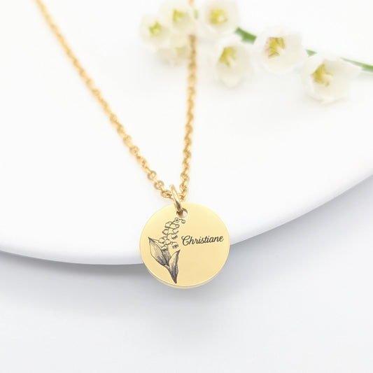 Collier personnalisé femme médaille gravée muguet et prénom