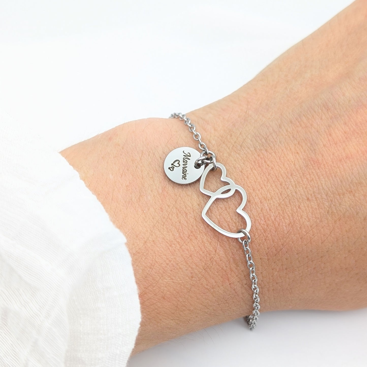 Bracelet personnalisé femme double cœur & médaille gravée 10 mm en acier inoxydable