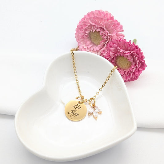 Collier femme médaille à personnaliser et fleur en zirconium