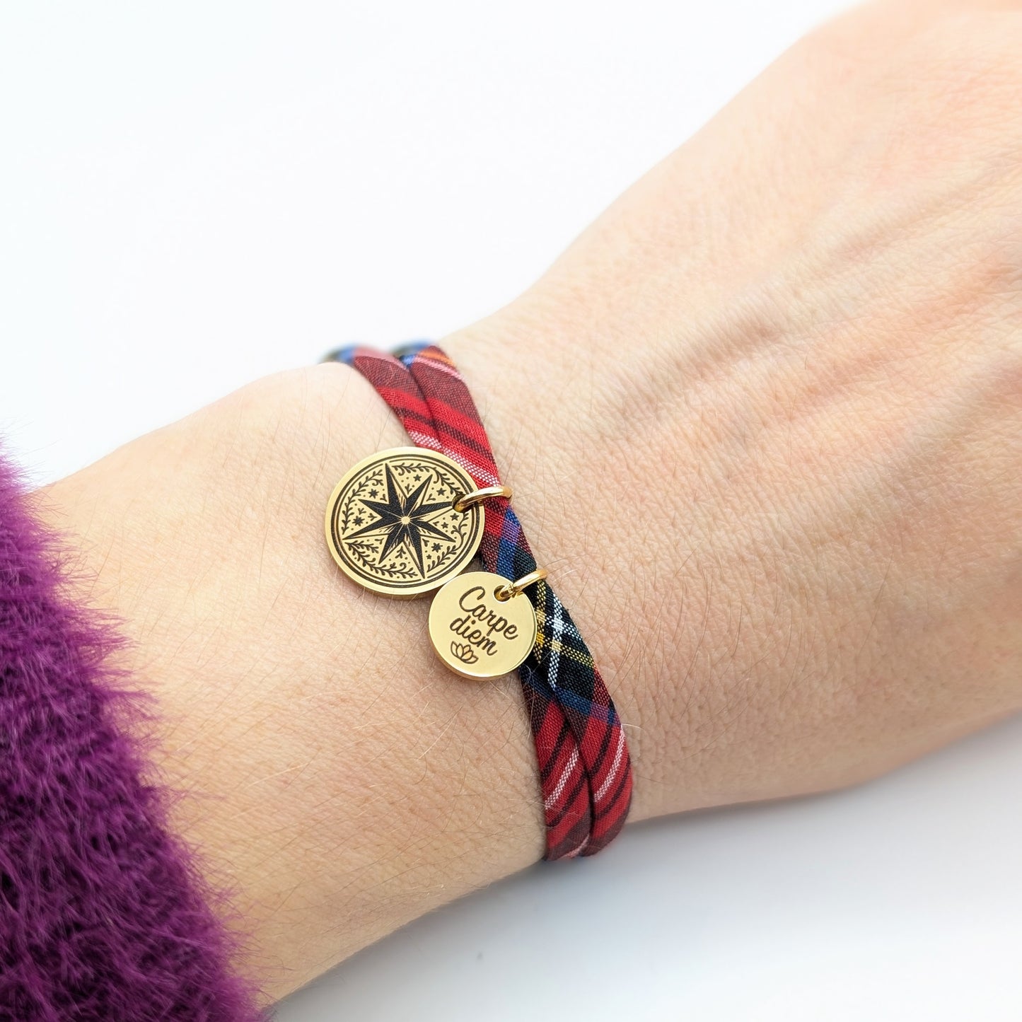 Bracelet personnalisé Liberty Tartan rose des vents et médaille 10 mm - Collection Noël 2025