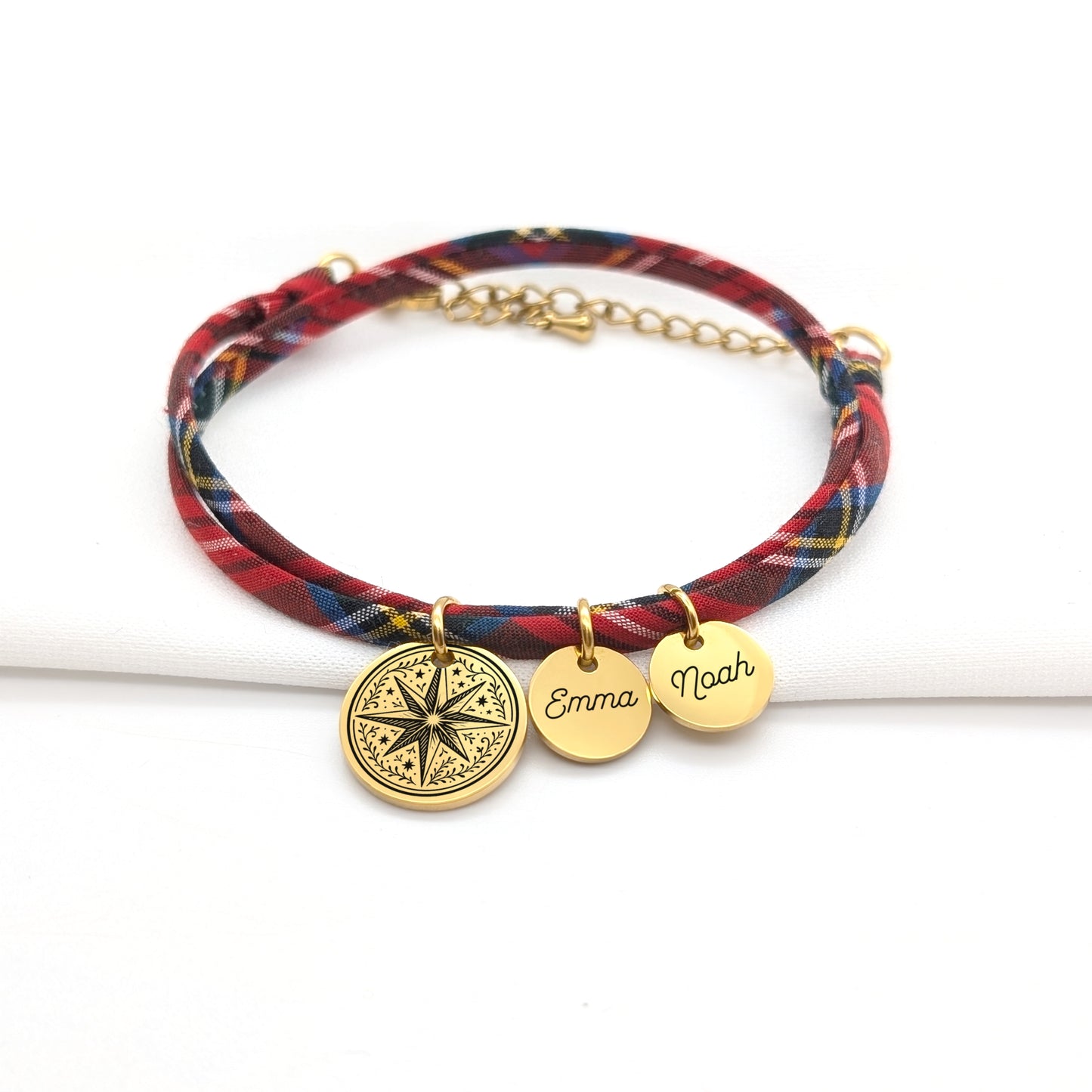 Bracelet personnalisé Liberty Tartan rose des vents et médaille 10 mm - Collection Noël 2025
