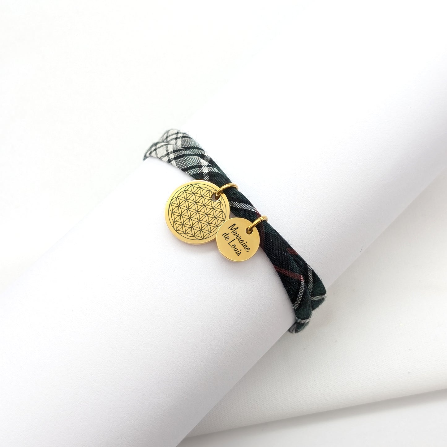 Bracelet personnalisé Liberty Tartan rose des vents et médaille 10 mm - Collection Noël 2025