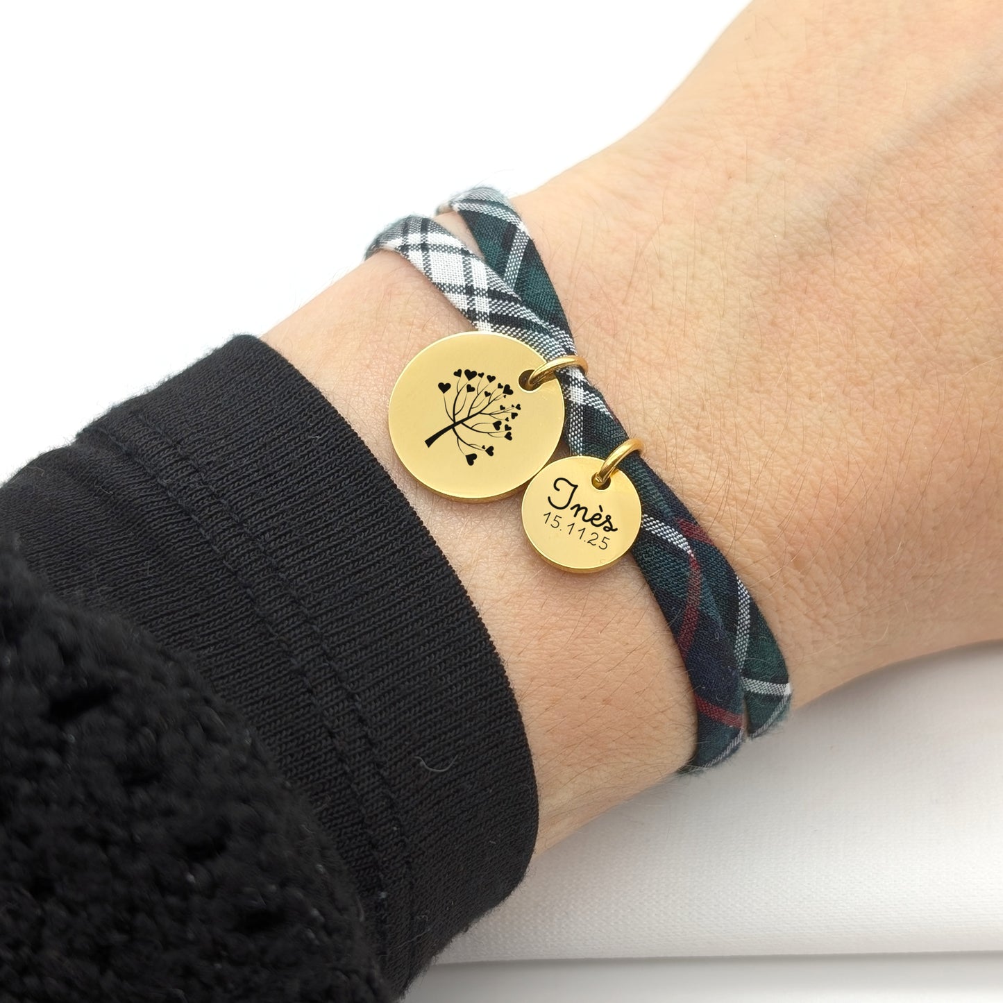 Bracelet personnalisé Liberty Tartan rose des vents et médaille 10 mm - Collection Noël 2025