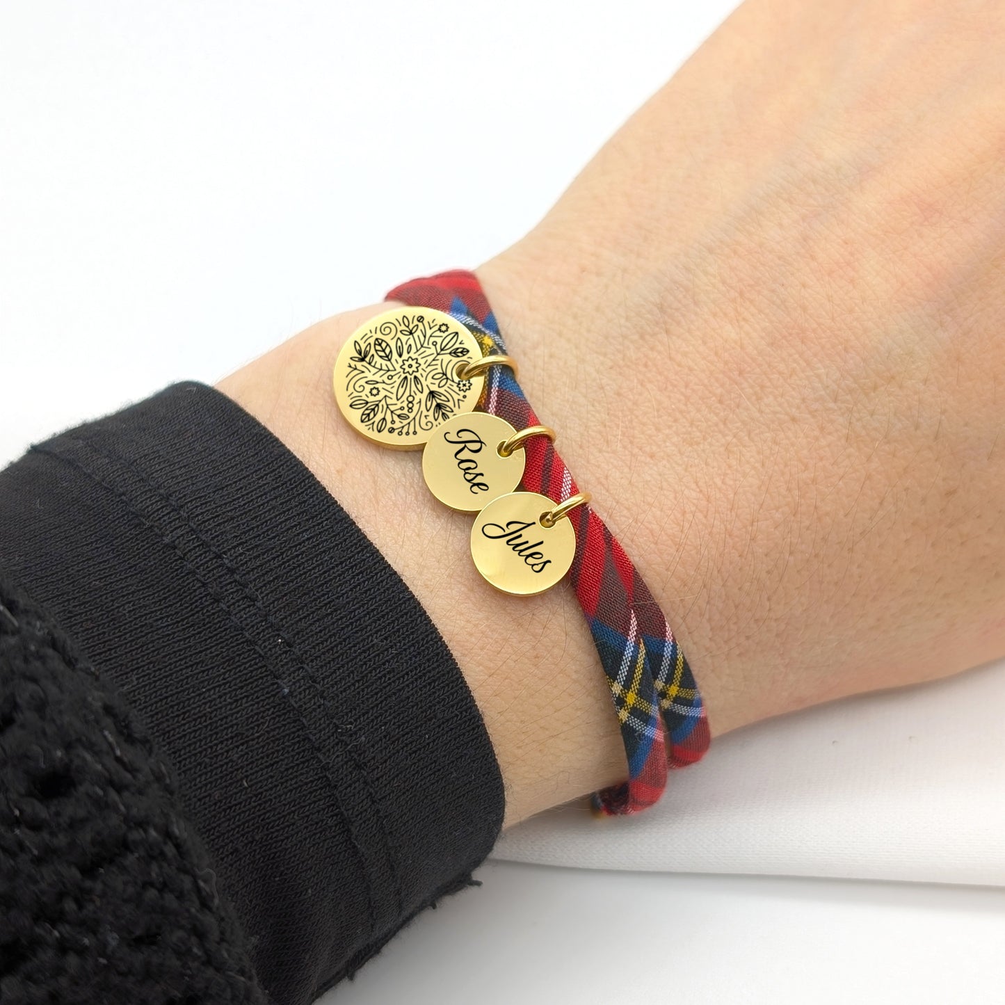 Bracelet personnalisé Liberty Tartan rose des vents et médaille 10 mm - Collection Noël 2025