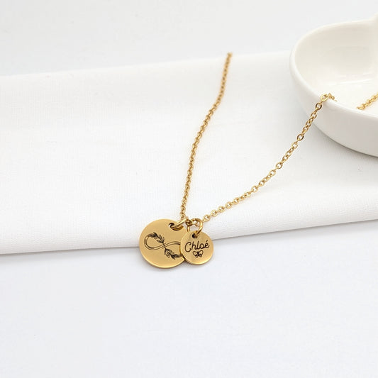 Collier Personnalisé Saint Valentin  "Amour Infini" – Duo de Médailles & Gravure Florale