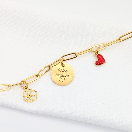 Bracelet personnalisé mailles larges multi-Charms : Médaille Gravée, Cœur Émaillé et Fleur