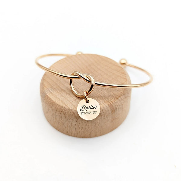 Bracelet Femme Personnalisé Jonc Nœud & Médaille Gravée 10 mm
