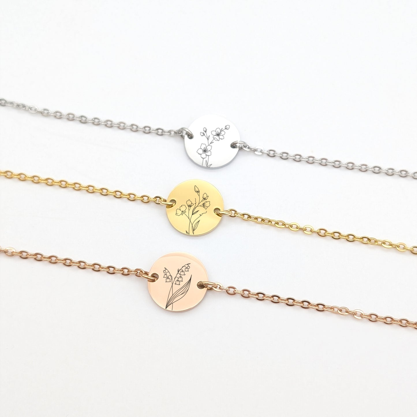 Bracelet personnalisé chaine avec gravure Fleur de naissance