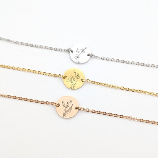 Bracelet personnalisé chaine avec gravure Fleur de naissance
