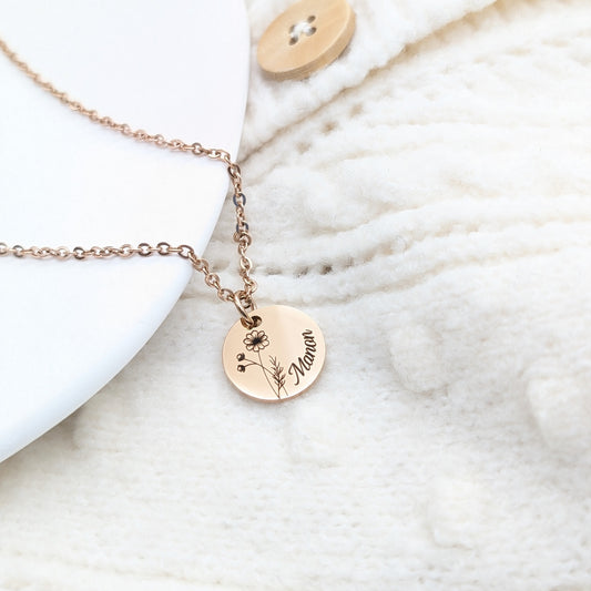 Collier Personnalisable avec fleur de naissance et prénom médaille 15 mm