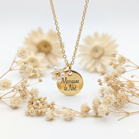 Collier Femme Personnalisé Fleur de Perles & Médaille 15 mm - Cadeau