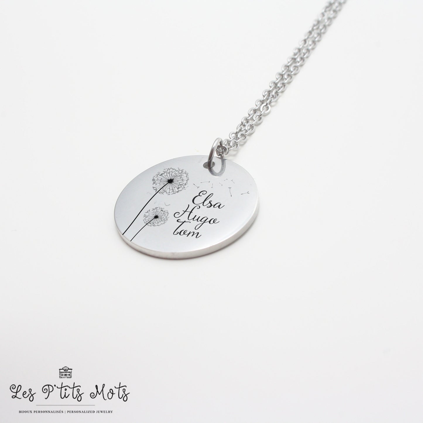 Collier personnalisé avec fleur de pissenlit et gravure - Collier maman, Mamie, Marraine Cadeau naissance, Cadeau fête des mères