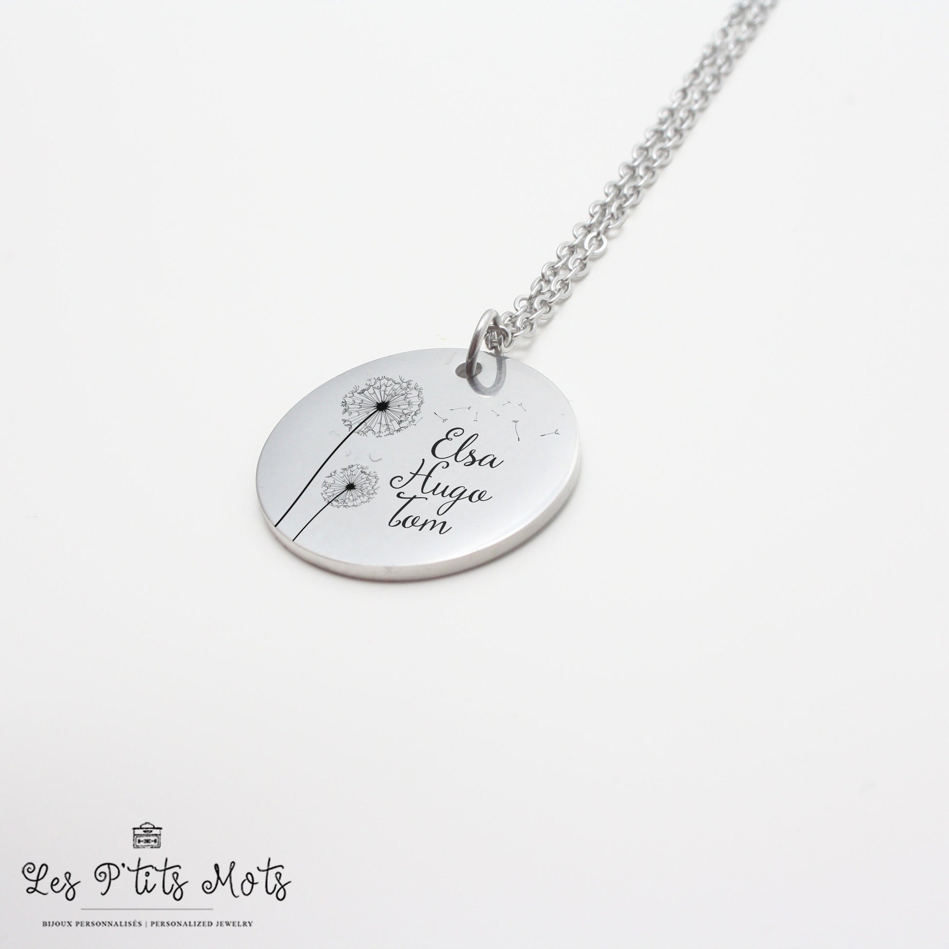 Collier personnalisé avec fleur de pissenlit et gravure - Collier maman, Mamie, Marraine Cadeau naissance, Cadeau fête des mères