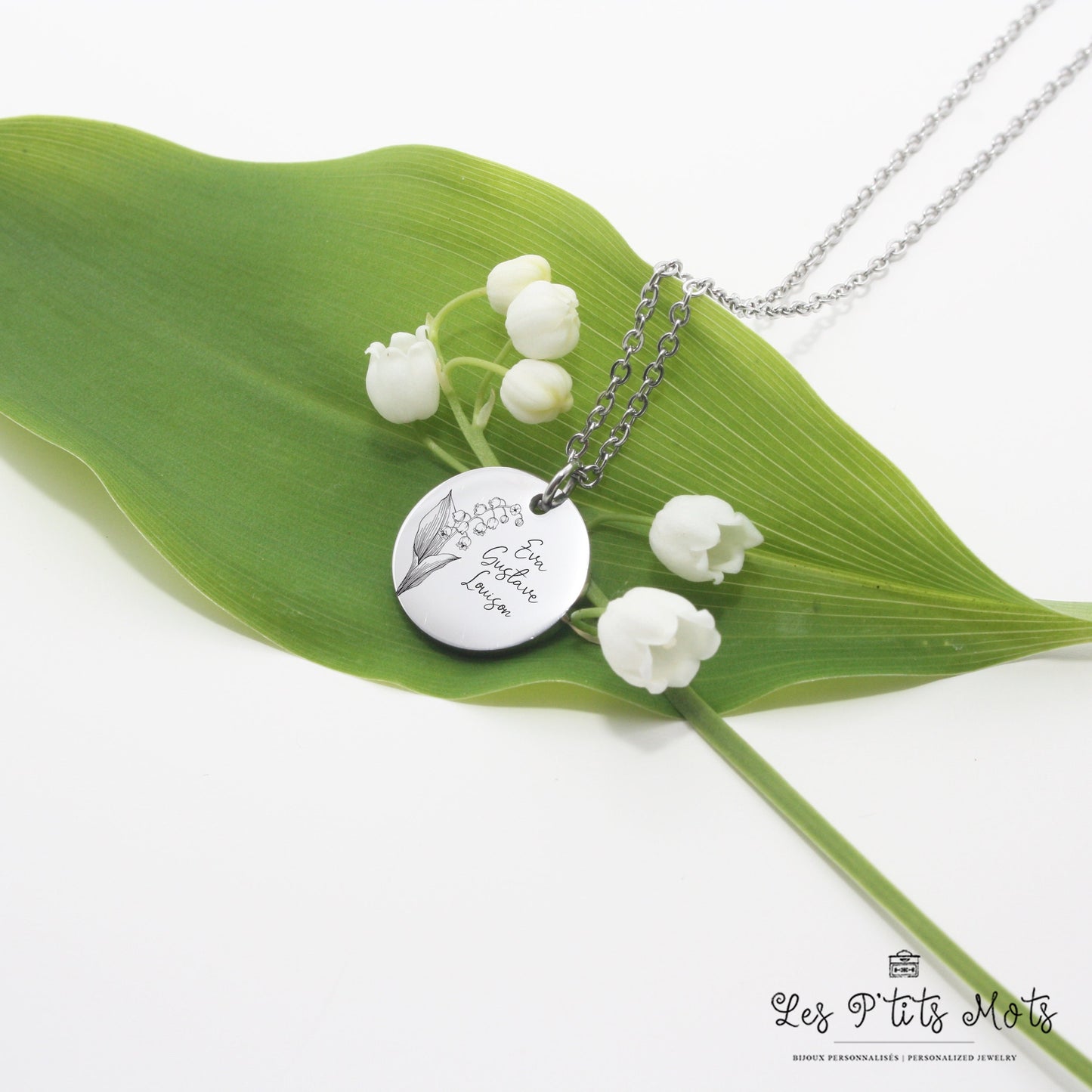 Collier Personnalisé avec fleur de Muguet, Collier Maman, Mamie, Marraine, Cadeau Porte bonheur gravé, Bijou marraine, Cadeau fête des mères