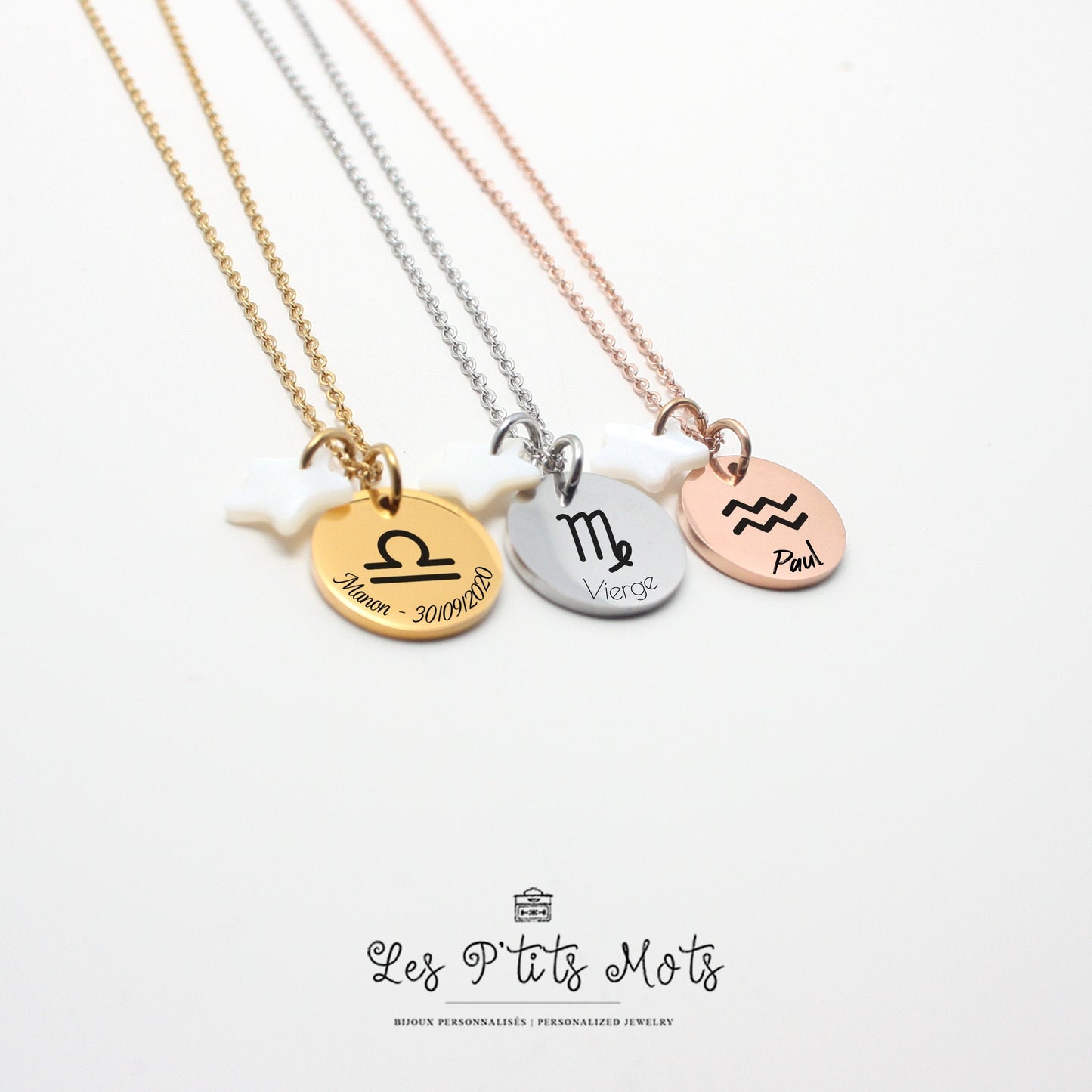 Collier personnalisé signe du zodiaque et gravure, Collier pour maman, marraine, Cadeau naissance, Cadeau Fêtes des mères, Cadeau baptême