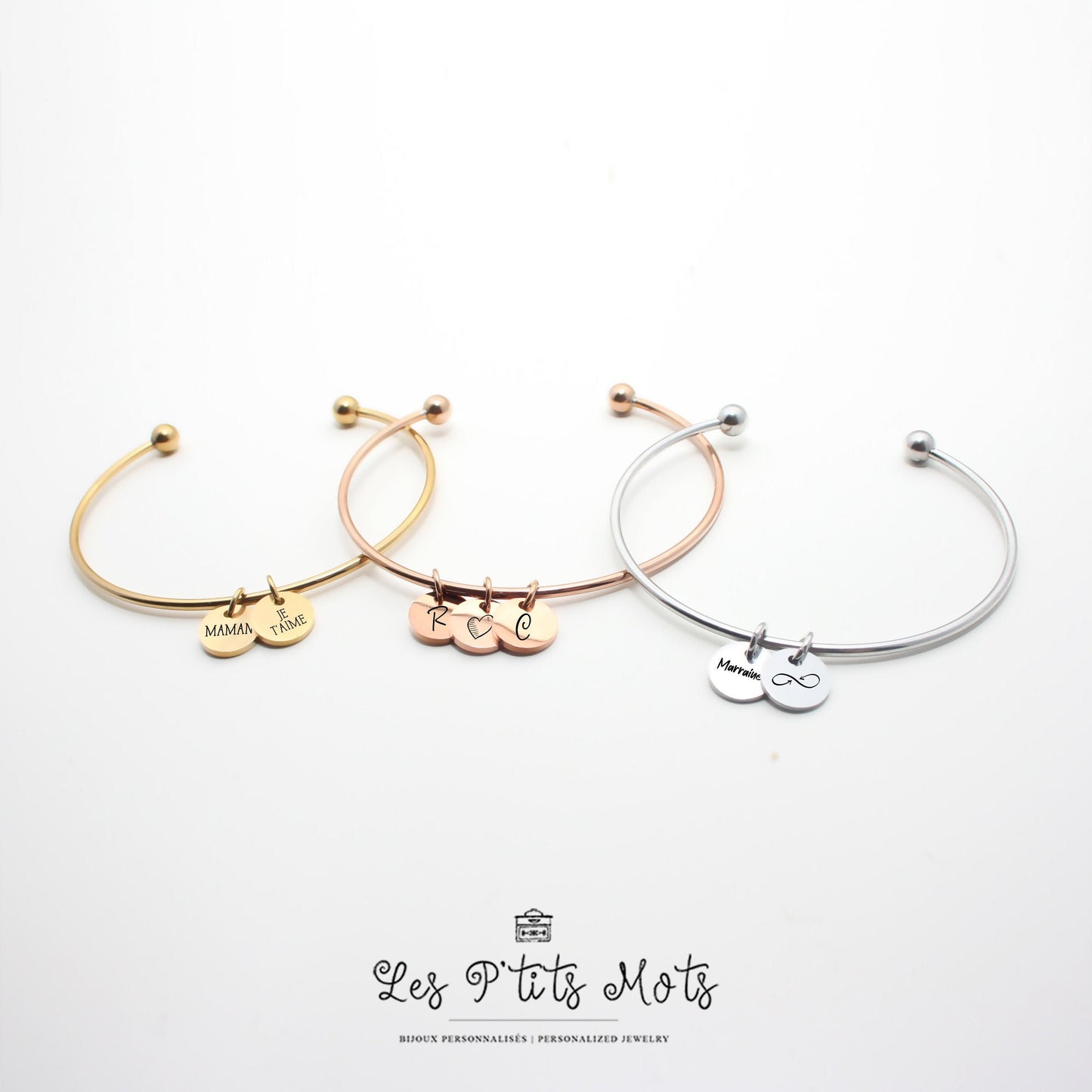 Bracelet Personnalisé jonc avec médaille à graver, Bracelet Maman, Mamie, Marraine, Cadeau fête des grands-mères, Cadeau Saint-Valentin