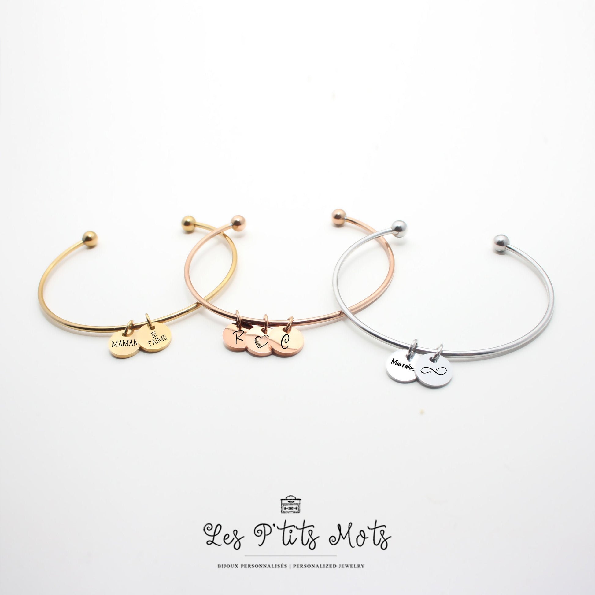 Bracelet Personnalisé jonc avec médaille à graver, Bracelet Maman, Mamie, Marraine, Cadeau fête des grands-mères, Cadeau Saint-Valentin